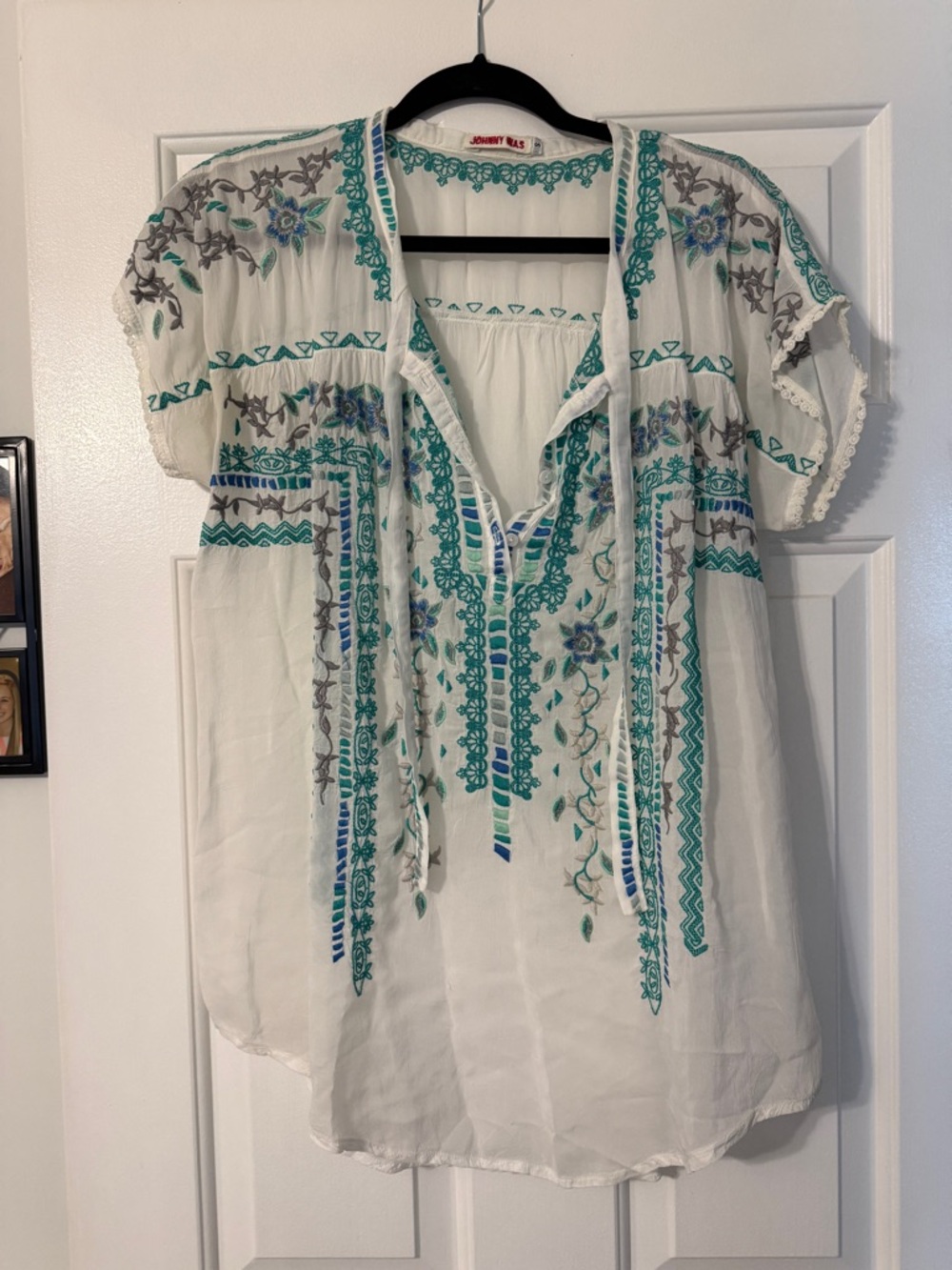 Johnny Was Cream Embroidered Tunic with Teal & Blue Accents